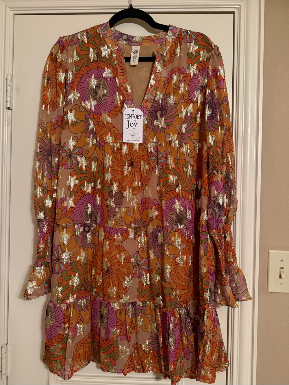 Uncle Frank Orange and Pink Floral Metallic Midi Dress